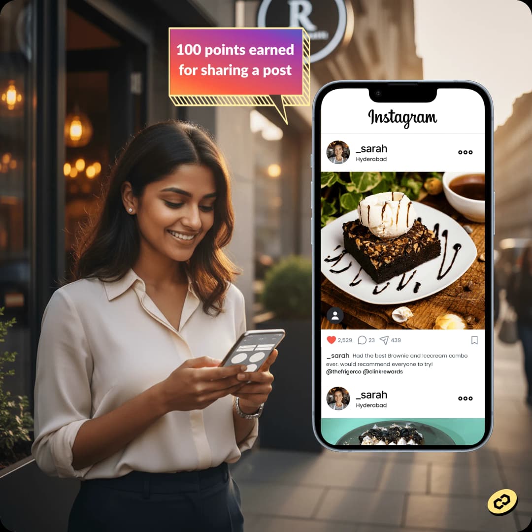 Instagram post mockup showing customer engagement and rewards
